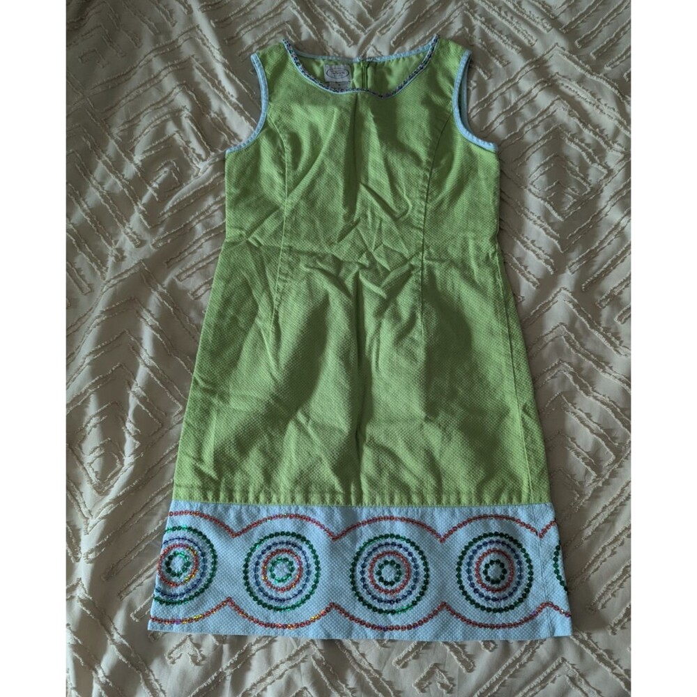 Talbots Kids Green Seersucker Dress Size 8 Sleeveless Sequined Shift Hem Summer